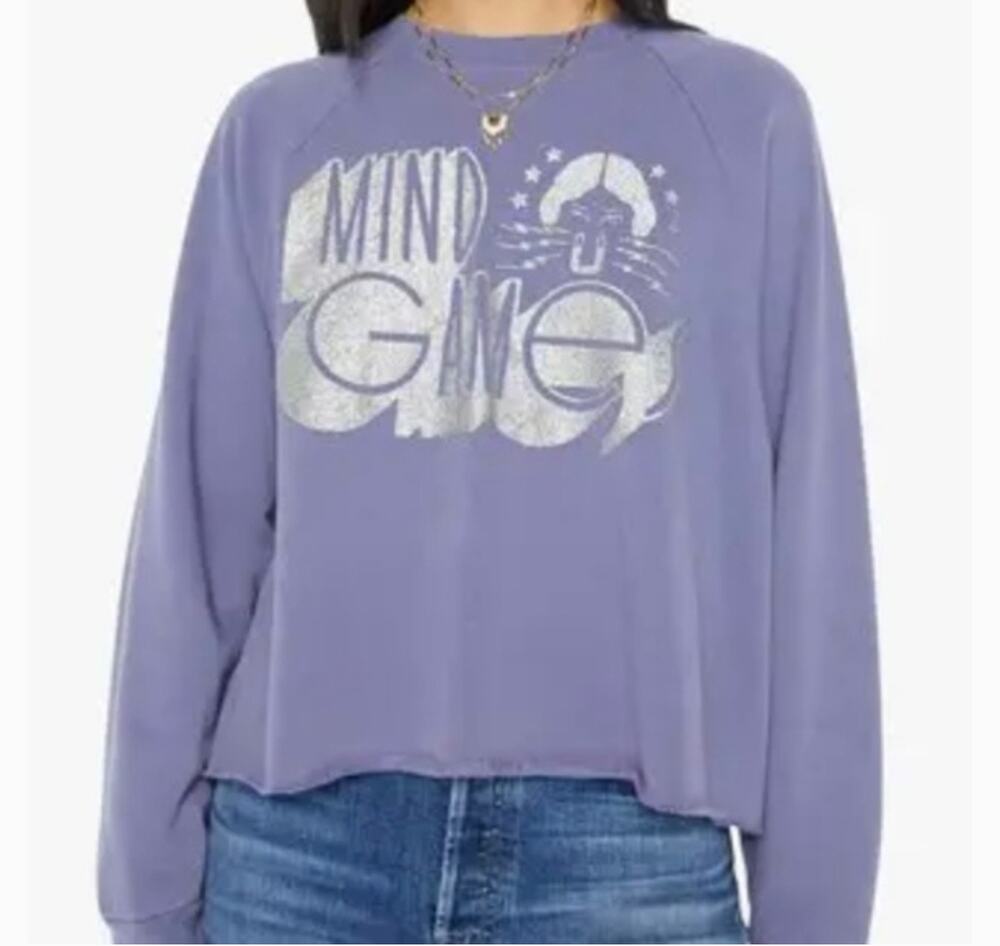 Mother Mind Games Cropped Sweatshirt Purple Graphic Raw Hem Size L NWT